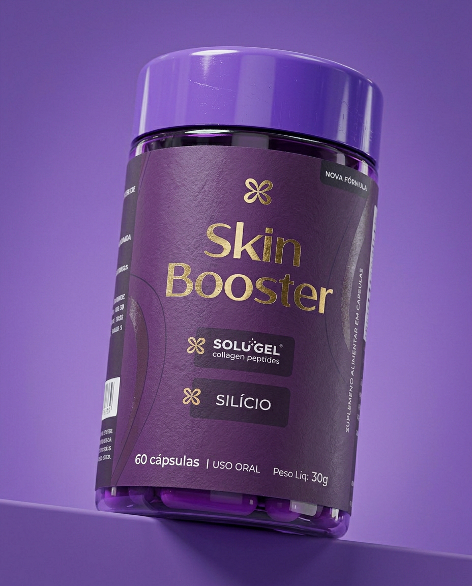 Pote do suplemento Skin Booster em fundo lilás